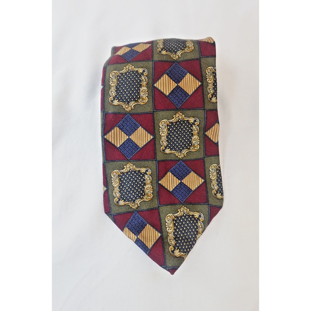 Vintage‎ Gotswold Collection Tie Silk Baroque Geometric Checkered 90s Necktie